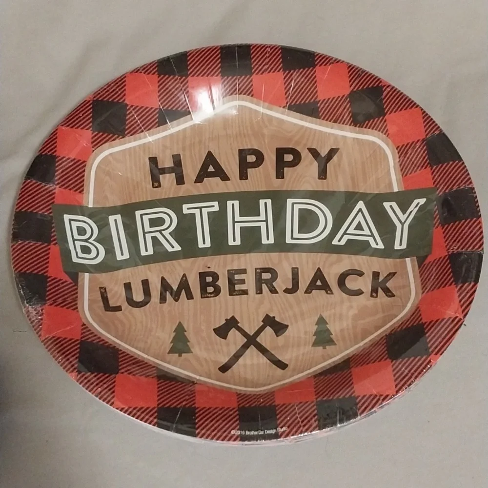 Lumberjack Theme Party Supplies- Table Runner, Plates, Axe Cupcake Toppers